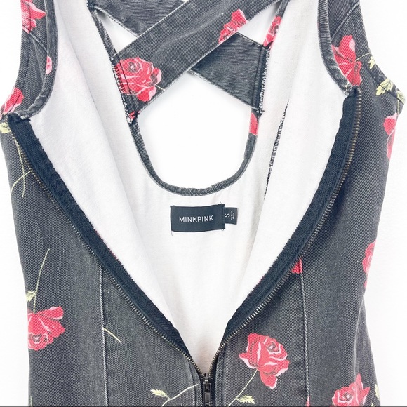MinkPink Black Denim Dress with Roses, Size S - Picture 4 of 7
